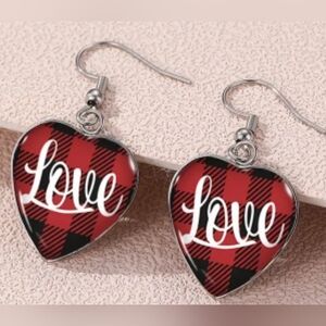 New Country Christmas Vintage Red Black‎ Plaid Love heart glass dangle earrings